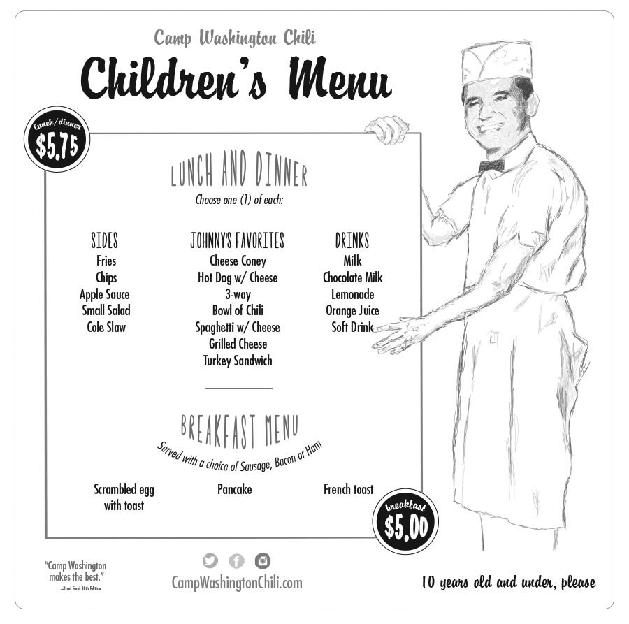 Camp Washington Chili's children's menu